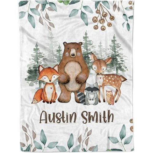 Arteaga Personalized Baby Blankets for Boys, Customized Baby Blankets for Boys, Woodland Animals Baby Blanket, Best Gift for Baby, Newborn, New Mom, Super Soft Plush Fleece, 30''x40''