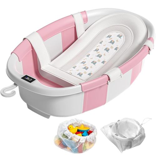Collapsible Baby Bathtub, Baby Tubs for Newborns with Soft Cushion & Thermometer & Toy Organizer Mesh Bag, Infant Bathtub to Toddler 0-36 Months, Portable Travel Newborn Baby Bathtubs (Pink)