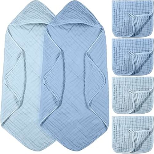 VitalCozy 6 Pcs Baby Muslin Hooded Bath Towels and Washcloths Muslin Cotton Hooded Baby Towels Absorbent Blankets for Gift Newborn Infant Shower (32 x 32 Inch,Mint Blue,Sky Blue)
