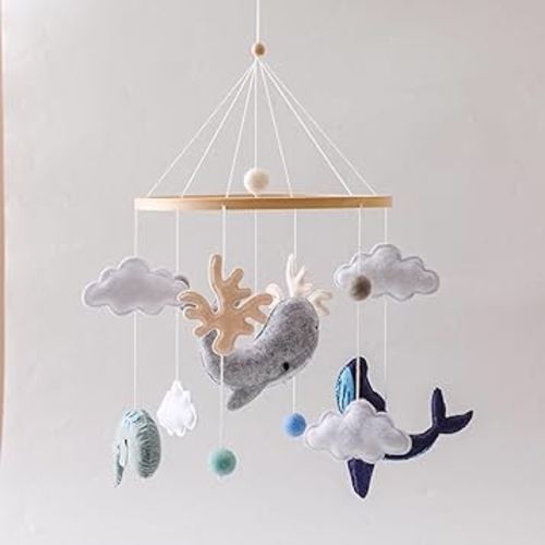 Baby Mobile for Crib丨Baby Nursery Mobiles丨Handmade Felt Ocean Animal Mobile for Crib Baby Boys and Girls丨Woodland Nursery Decor for Infant Bedroom Hanging丨 Gender Neutral Baby Stuff(Whales)