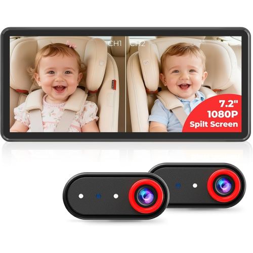 BM5PRO Double Car Camera for 2 Baby,7.2" 1080P Split Screen with IR Night Vision, Real-Time Monitoring Baby Car Camera,Easy Install, Family Travel Companion for Kids & Pets