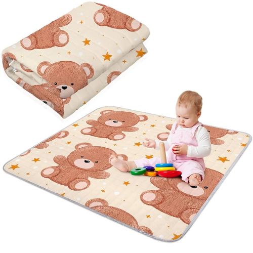 Funtery 43 x 43 Inch Boho Baby Play Mat Portable Crawling Washable Foldable Tummy Time Non Slip Baby Floor Large Playpen Mat for Infants Toddlers Floor Playpen Activity(Bear)