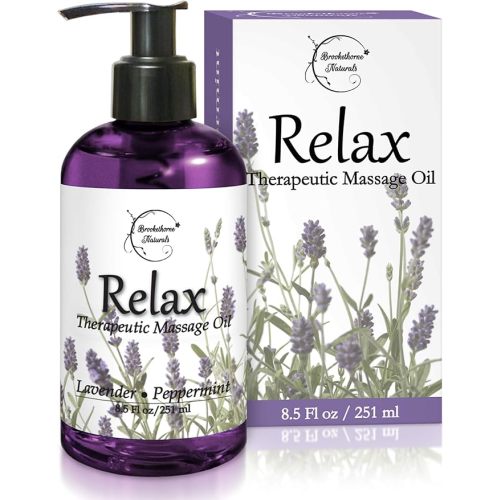 Relax Therapeutic Body Massage Oil - with Best Essential Oils for Sore Muscles & Stiffness – Lavender, Peppermint & Marjoram - All Natural - with Sweet Almond, Grapeseed & Jojoba Oil 8oz