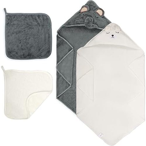 HBHLFZ 4-Pack Hooded Baby Towels - Newborn-Specific Bath Towel- Soft and Absorbent Coral Terry Baby Bath Towel - Suitable for Newborns and Infants, Essential for Newborn Bathing（Elephant, Bear
