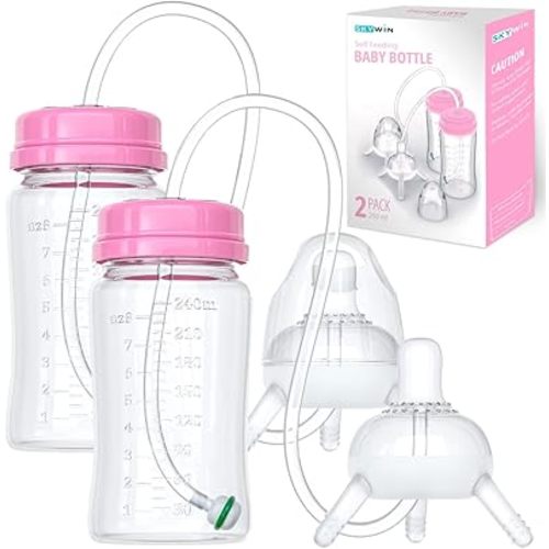 Skywin Self Feeding Baby Bottle 8oz Bottle Holder for Baby - 2 Pack Baby Bottle with Straw, Anti Colic, for Convenient Feeding (Pink)