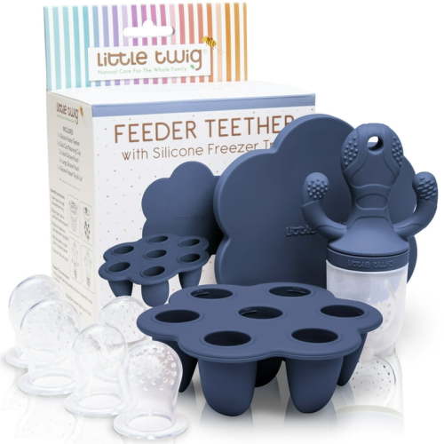 Little Twig Silicone Baby Feeder Teether Set with Pouches Freezer Tray & Measuring Cup, Blue