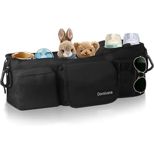 Double Stroller Organizer,Double Stroller Caddy for Bob Duallie and Baby Jogger City Mini GT2,Extra Large Double Baby Stroller Accessories with Cup Holder,Black(Empty Bag)