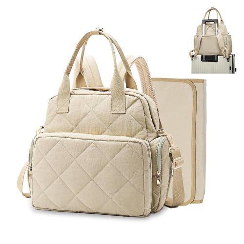Large Diaper Bags with Changing Pad, 6 in 1 Travel Diapers Backpack, Baby Bag for Mom Quilted Mommy Daipering, Hospital Bag for Women Labor Delivery Maternity Tote (Light Khaki)