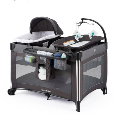 Pamo Babe 4 in 1 Portable Baby Crib Deluxe Nursery Center, Foldable Travel Playard with Bassinet, Mattress, Changing Table for Newborn, Infant, Toddler(Grey)