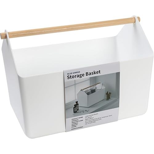 BLUE GINKGO Large Storage Basket – Plastic Caddy with Wooden Handle for Bathroom, Pantry, or Cleaning Supplies (White)
