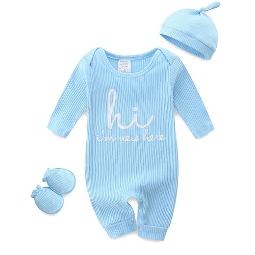 Baby Romper with Baby Mittens & Newborn Hats Footless Long Sleeve Solid Onesie Hi Im New Here