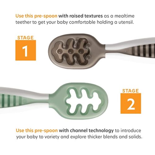 NumNum Pre-Spoon GOOtensils (Stage 1 + Stage 2) | BPA Free Silicone Self Feeding Toddler Utensils | for Ages 6 Months+, 2 Spoons, Storm Gray/Glacier Green