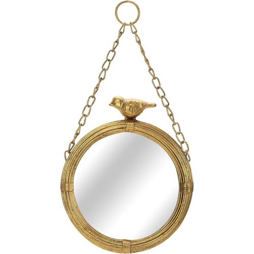 NIKKY HOME 6.7 Inch Decorative Small Hanging Mirrors Vintage Round Metal Framed Wall Mounted Mirror Decor with Bird for Bathroom Living Room Office, Rustic Gold