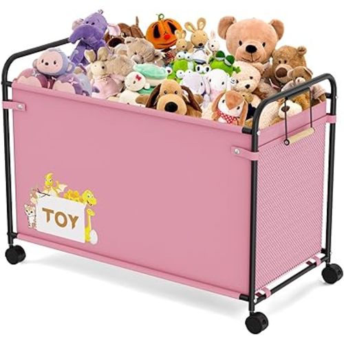 Toy Box Storage, 180L Extra Large Toy Chest with 360° Wheels, Oxford Cloth Metal Toy Box for Boys, Girls, Stuffed Animals, Clothes, Bedroom, Living Room (Pink)