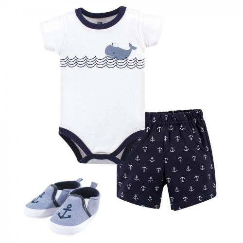 Hudson Baby Infant Boy Cotton Bodysuit, Shorts and Shoe 3pc Set, Blue Sailor Whale, 0-3 Months
