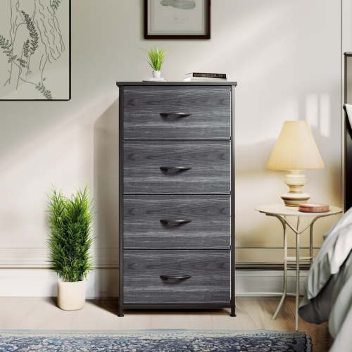 ModFusion Large Lightweight Bedroom Chest with 4 Fabric Drawers & Sturdy Frame – Charcoal Black Wood Grain