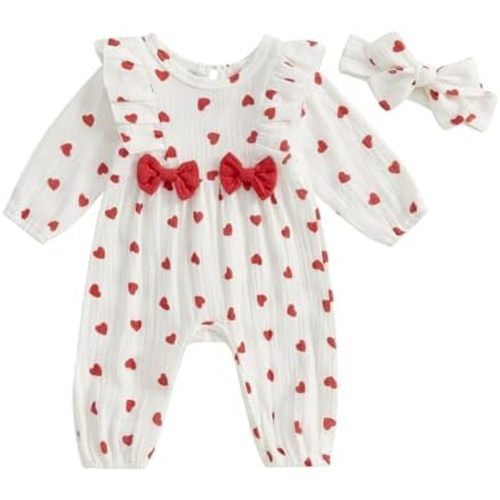 SAYOO Baby Girl Valentine's Day Outfit Cotton Linen Heart Print Smocked Bubble Bodysuit Romper Ruffled Jumpsuit Overalls