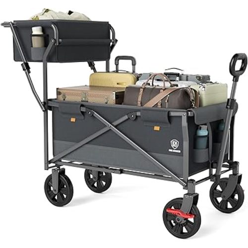 EVER ADVANCED Collapsible Push & Pull Shopping Cart with Wheels & Brakes, Foldable Wagon for Groceries with Practical Basket, Side Pockets & Cup Holders, Beach Utility Rolling Cart for Camping, Grey