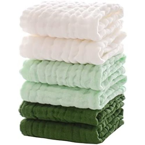 MUKIN Baby Muslin Washcloths - Soft Face Cloths for Newborn, Absorbent Bath Face Towels, Baby Wipes, Burp Cloths or Face Towels, Baby Registry as Shower. Pack of 6 -12x12 inches (Green)