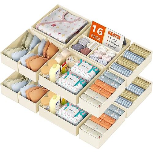 DIMJ Drawer Organizer Clothes 16 Pack - Foldable Baby Organizers and Storage & Dresser Organizer for Bedroom, Closet - Nursery Organization Dresser Dividers for underwear, Sock,Bra, Belt, Tie, Beige