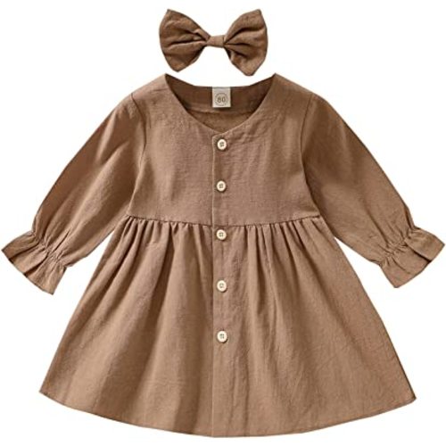 VISGOGO Baby Kids Girl Dresses Outfit Solid Color Long Sleeves Single-Breasted Dress + Headband 2Pcs Clothes