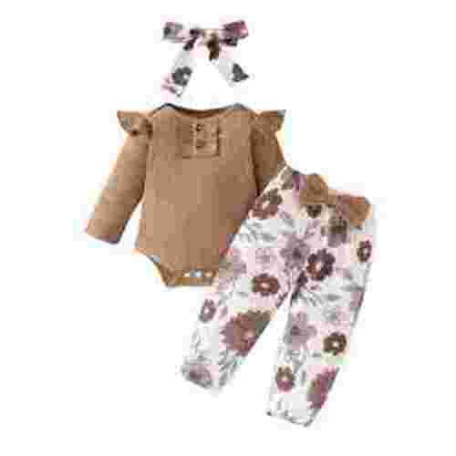 Atogsazn Newborn Baby Girls Fall Winter Outfits Infant Knitted Ruffle Long Sleeve Romper Floral Printed Pants Set with Headband Khaki 0-3 Months on Clearance