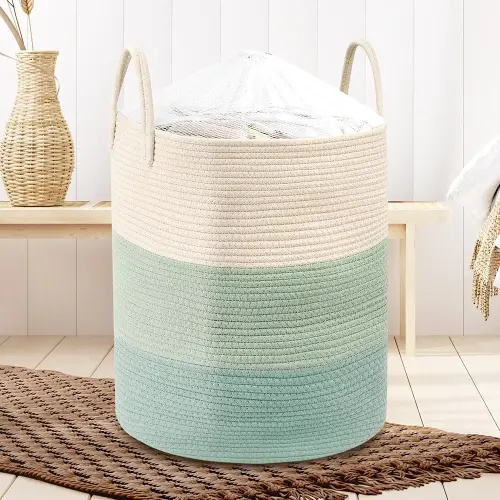 Jolitac 58L Large Woven Laundry Hamper, Laundry Basket with laundry Bag Blanket Basket Tall Wicker Laundry Baskets for Clothes Pillows Towels Shoes in Living room Bedroom, 15" x 20"