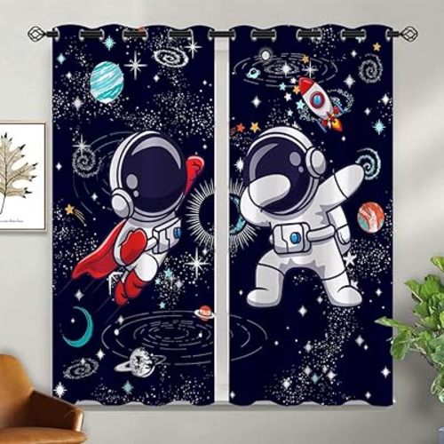 Cute Astronaut Blackout Curtains for Girls Boy Home Decor, Space Cartoon Funny Spaceman Grommet Thermal Insulated Drapes Darkening Window Curtain for Bedroom Living Room, 42 x 45 Inch