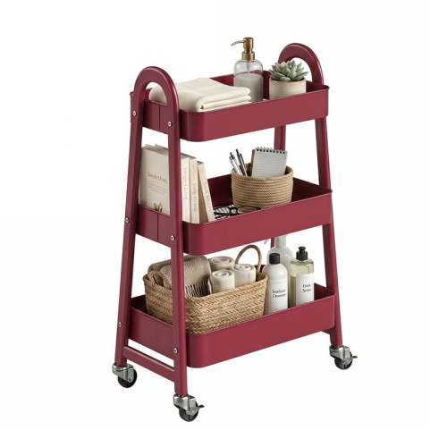 Gianna Utility Cart, Metal, 3‑Tier, Lockable Caster Wheels , 360° Rolling, Red