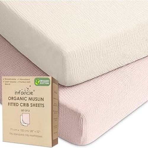 Organic Cotton Muslin Crib Sheets (Set of 2) – Soft & Breathable Fitted Sheets for Boys and Girls, Neutral Colors – Fits Standard Baby Crib Mattress (28 x 52 Inches) (Peach/Ivory)