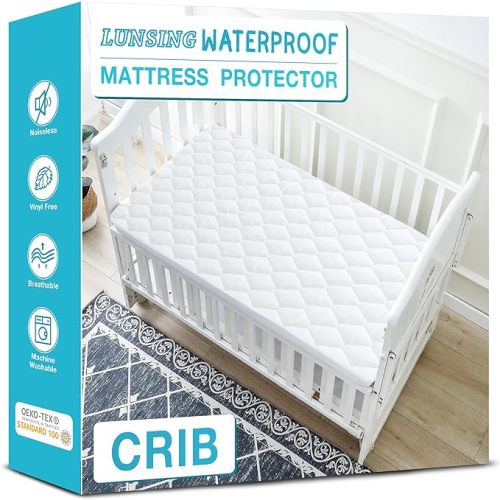 Lunsing Waterproof Crib Mattress Protector, Soft & Breathable Crib Mattress Pad Cover, 3-10 inches Deep Pocket, 52"x28", White - Diamond
