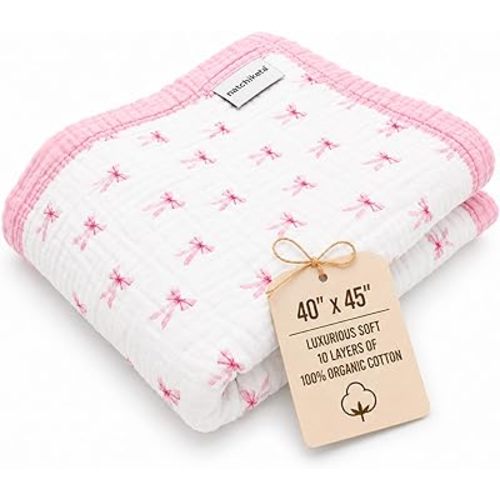 Organic Cotton Muslin Baby Blanket for Boys & Girls - Luxurious Soft Toddler Quilt for Swaddling - Gender Neutral Blanket - Baby and Toddler Gift - Pink Bows