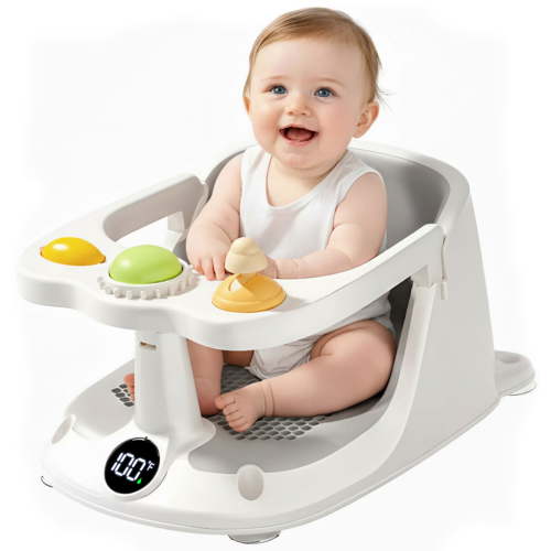 Oioane Baby Bath Seat for Babies 6 Months and Up, Baby Bathtub Seats with Thermometer, Soft Cushion, Non-Slip Design, Toy, Gray