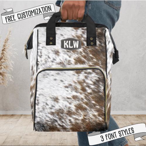 Personalized Cowhide Diaper Bag Backpack Monogrammed Cow Print Baby Bag Western Travel Bag Baby Shower Gift for New Mom Gift for Baby