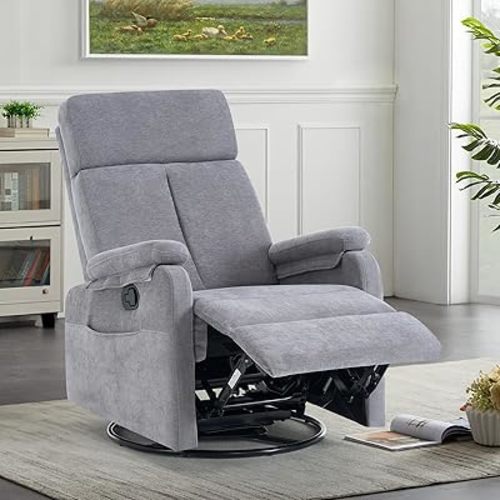 360°Swivel Rocking Recliner Chair with Side Pocket, High Back Glider Nursery Chair, Upholstered for Living Room, Bedroom & Nursery, Comfortable Deep Seat for Relaxation, Fabric Grey