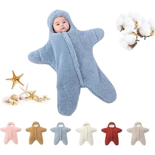 Baby Starfish Onesie, Thick Imitation Fleece Starfish Newborn Romper, Infant Footie Jumpsuit Winter Warm Outfits(Blue,6-12 Months)