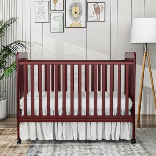 Baby Convertible Crib 3 In 1, Converts from Baby Crib to Toddler Bed, New Zealand Pinewood Baby Bed with Locking Wheels and Teething Rail, Crib with 4 Height Adjustment and Non Toxic Finish, Cherry