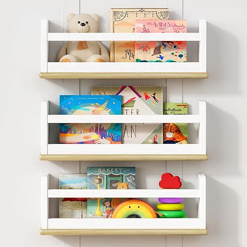 Upgraded Floating Nursery Book Shelves for Wall, White and Natural Kids Bookshelf Wall Mounted, Wood Baby Toddler Children Hanging Bookshelves for Kids Room Bedroom - Set of 3
