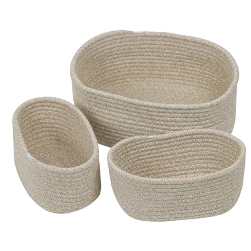 Set of 3 Rope Baskets, Woven Baskets for Storage, Small Storage Baskets for Organizing, Decorative Baskets for Gifts Empty, Cute Baby Closet Baskets Bins for Shelves (Camel)