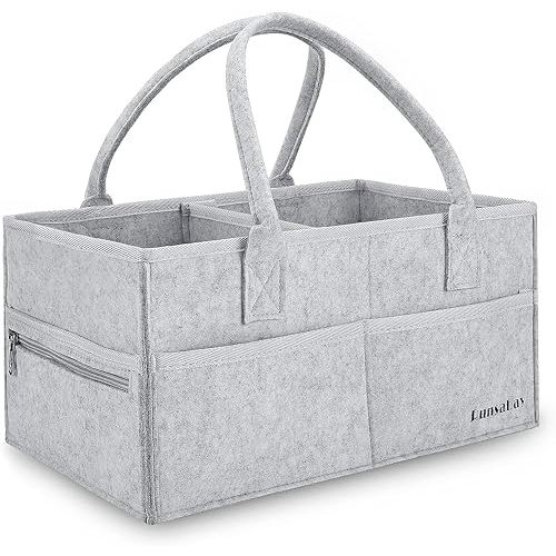 Runsabay. Nursery Basket-Baby Diaper Caddy Organizer for Changing Table-Portable Holder Tote Bag-Car Organizer with Removable Divider-Best Shower Gift Basket for Newborns Registry- Grey & Large Size