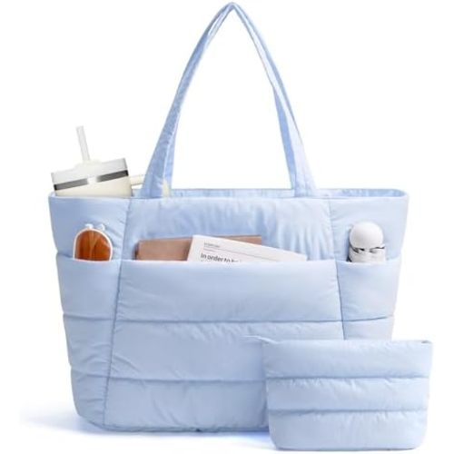 Narwey Nylon Puffer Tote Bag for Women, Quilted Travel Gym Nurse Work Bag