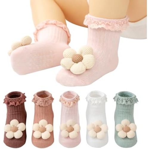 5 Pairs Baby Girl Socks Toddler Frilly Ruffle Socks with Non-Slip Grip Cute Flower for Little Girls Newborn Infant