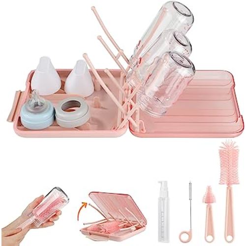 Baby Bottle Brush Set-6 in 1 Bottle Brush Cleaner with Silicone Bottle Brush,Drying Rack,Nipple Brush,Straw Brush,Soap Dispenser&Storage Box-Baby Essentials Gifts for Home&Travel(Pink)