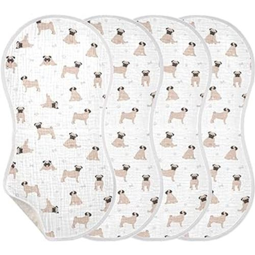 Muslin Baby Burp Cloths, Cute Pug Puppy Dogs Muslin Baby Rags Comfy Soft Absorbent in for Newborn Boys and Girls 4 Piece 22 x 11 Inch