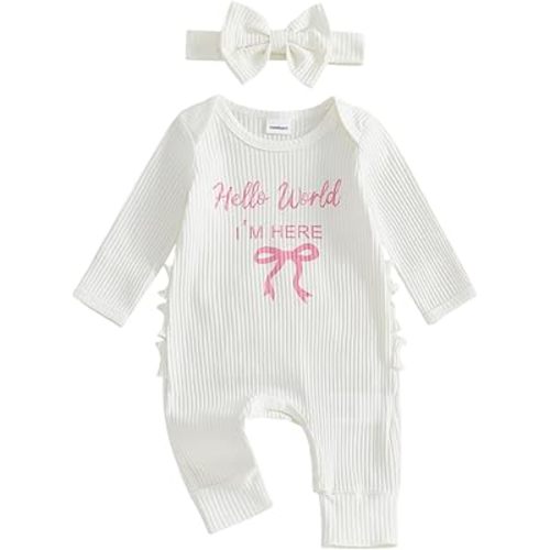 Honganda Newborn Baby Girl Coming Home Outfit Hello World I'm Here Jumpsuit Long Sleeve Ruffle Knit Romper with Headband