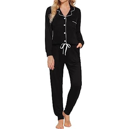 SWOMOG Womens Pajamas Set Long Sleeve Sleepwear Button Down Nightwear Soft Joggers PJs Sets with Pockets Lounge Sets