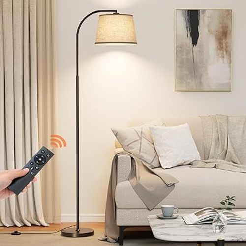 Arc Floor Lamps for Living Room, Modern Floor Lamp with Remote Control and Stepless Dimmable 9W Bulb Included, Black Tall Standing Lamp with Adjustable Linen Shade for Bedroom Office