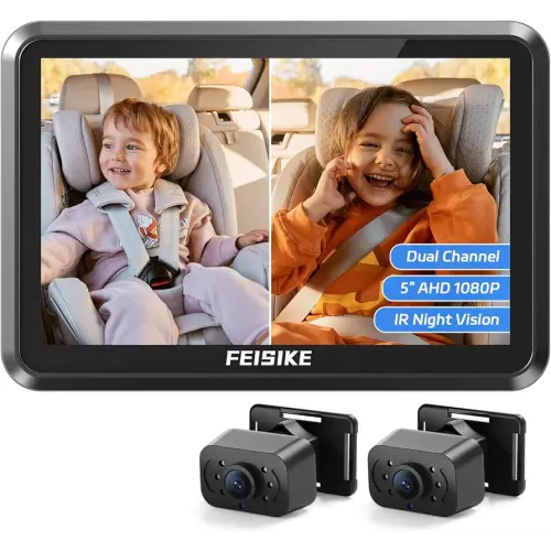 FEISIKE Baby Car Camera, 1080P Dual-Channel 5 inch Display Baby Car Mirror with 2 IR Night Vision Camera, Easily Install Car Camera for Baby with Crystal Clear Wide View for Rear Facing Seat