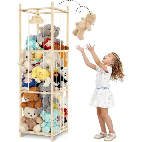 Stuffed Animal Storage Large Capacity Organizer, Soft Toy Storage Holds 50+ Stuffed Animals, Natural Pine with Smooth Rounded Edges, Stuffed Animal Zoo for Bedroom Playroom Room Decor