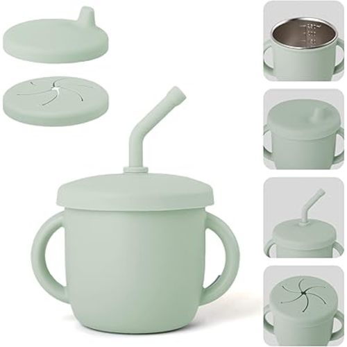 4-in-1 Stainless Steel Silicone Sippy Cup, 8.5oz Toddler Open Cup with Straw, Sippy & Snack Lids, For Baby Led Weaning, Toddlers 1-3 Years Trainning Kids Drinking, Dishwasher Safe, Sage